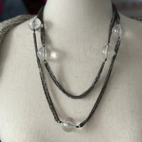 Betsey Johnson Gunmetal Chains and Clear Beads Necklace - Picture 1 of 7